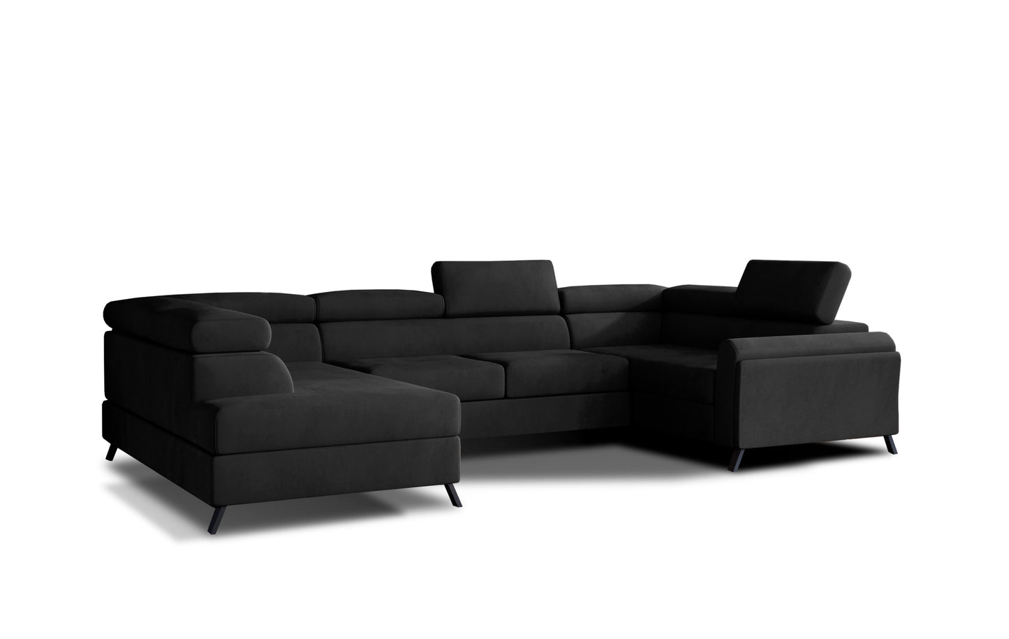 Czarny narożnik Escada lewy w tkaninie Matt Velvet 99 z regulowanymi zagłówkami, komfortowy mebel do współczesnego wnętrza.