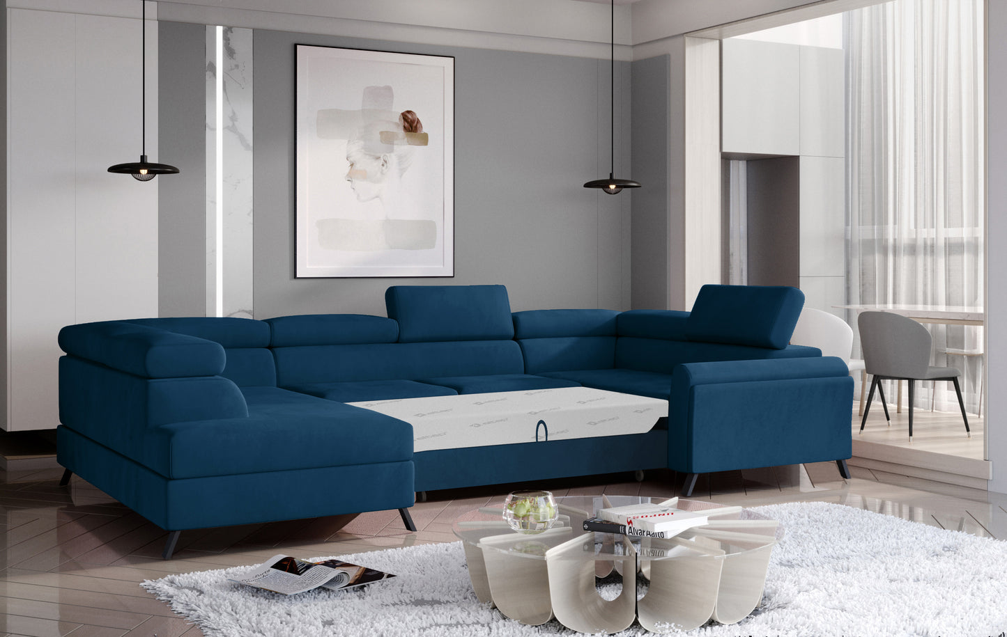 Narożnik Escada lewy Monolith 77 w kolorze niebieskim z funkcją spania, nowoczesny design do eleganckiego salonu.