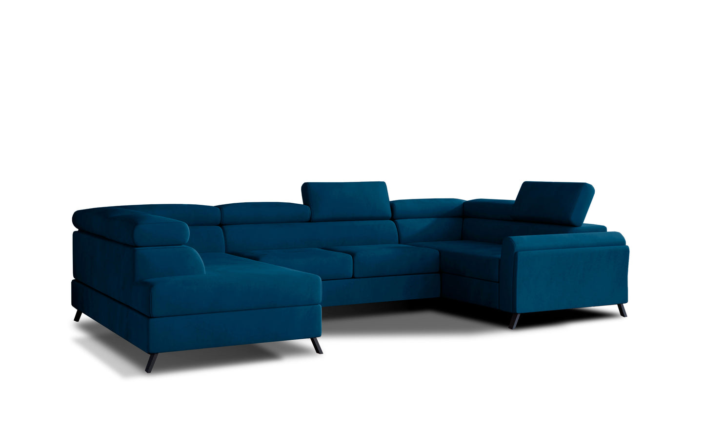 Niebieski narożnik Escada lewy Monolith 77 o eleganckim kształcie, komfortowy mebel tapicerowany do salonu.