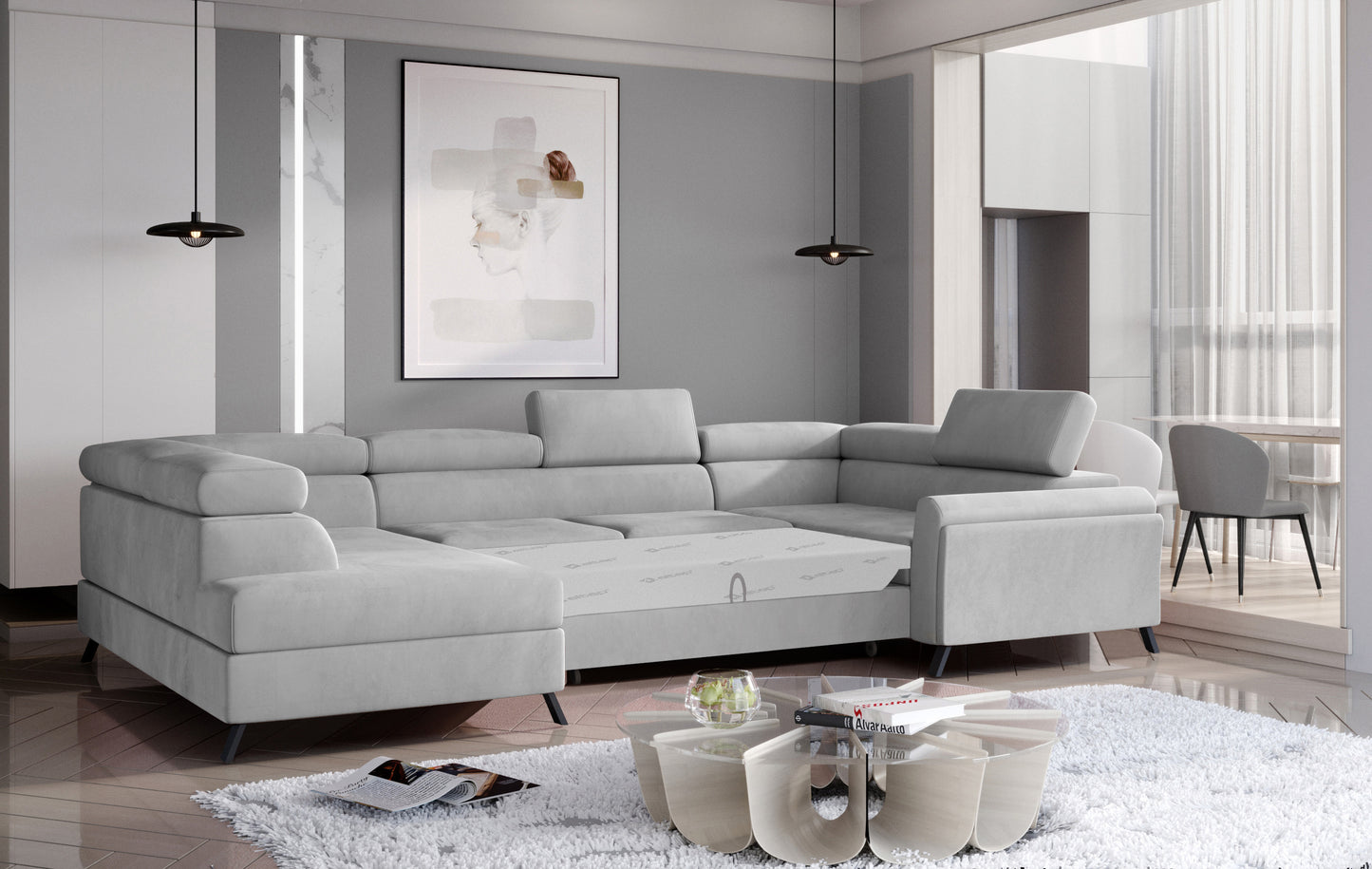 Narożnik Escada lewy w tkaninie Monolith 84 jasnoszary z funkcją spania, nowoczesny design do salonu w stylu minimalistycznym.