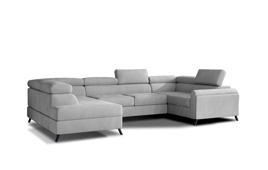 Nowoczesny narożnik Escada lewy Monolith 84 jasnoszary na czarnych nóżkach, elegancka sofa do salonu w jasnej kolorystyce.