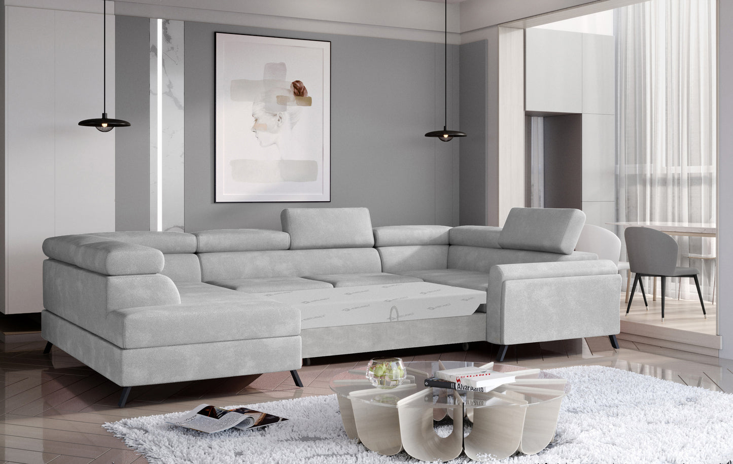 Nowoczesny narożnik Escada lewy w tkaninie Paros 05 jasnoszary z funkcją spania, idealny do salonu w stylu minimalistycznym.