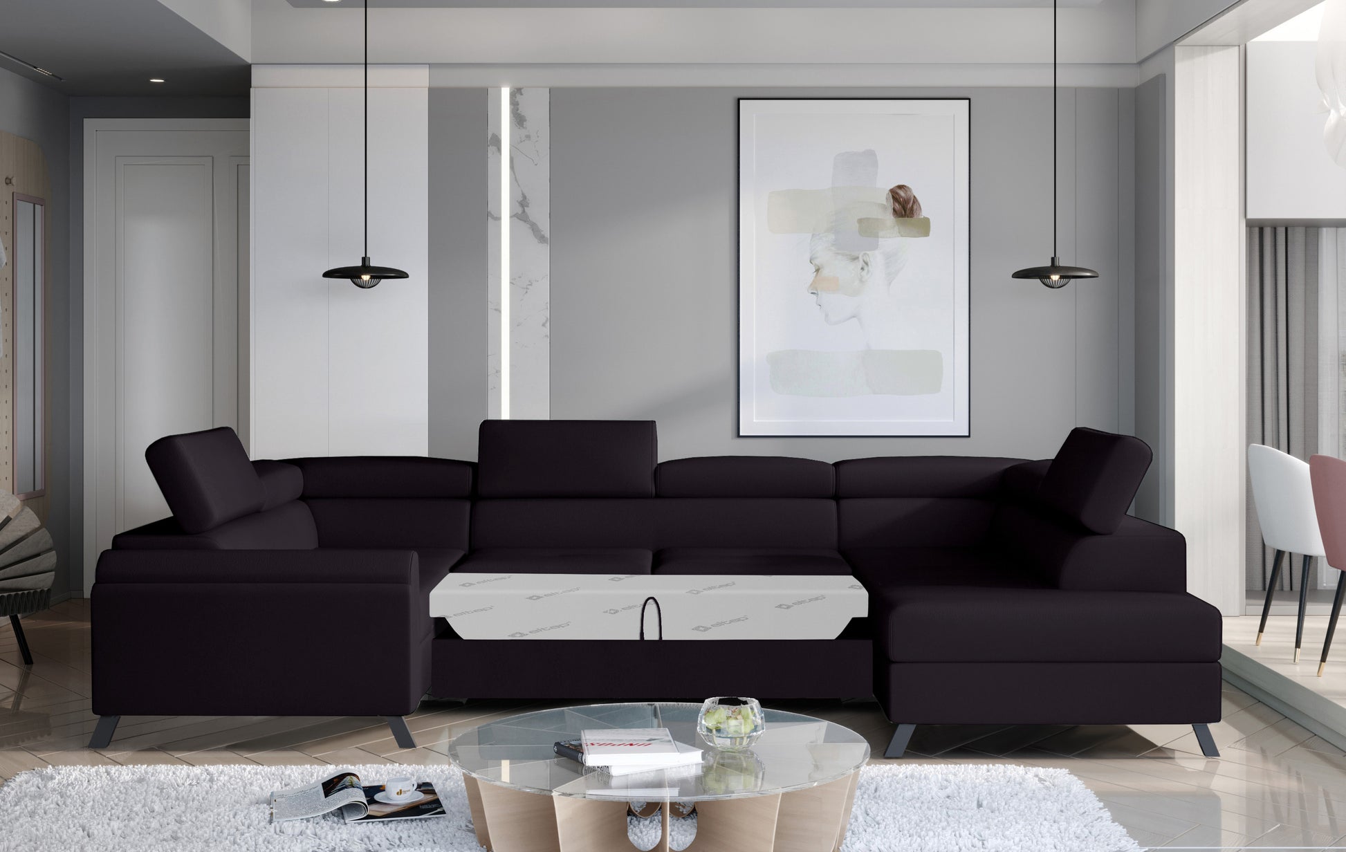 Czarny narożnik Escada prawy z funkcją spania, tkanina Matt Velvet 99, praktyczny i stylowy mebel do nowoczesnego wnętrza.