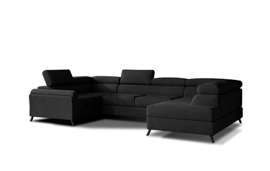 Narożnik Escada prawy w tkaninie Matt Velvet 99, czarny kolor, nowoczesny design i komfortowe oparcia w minimalistycznym stylu.