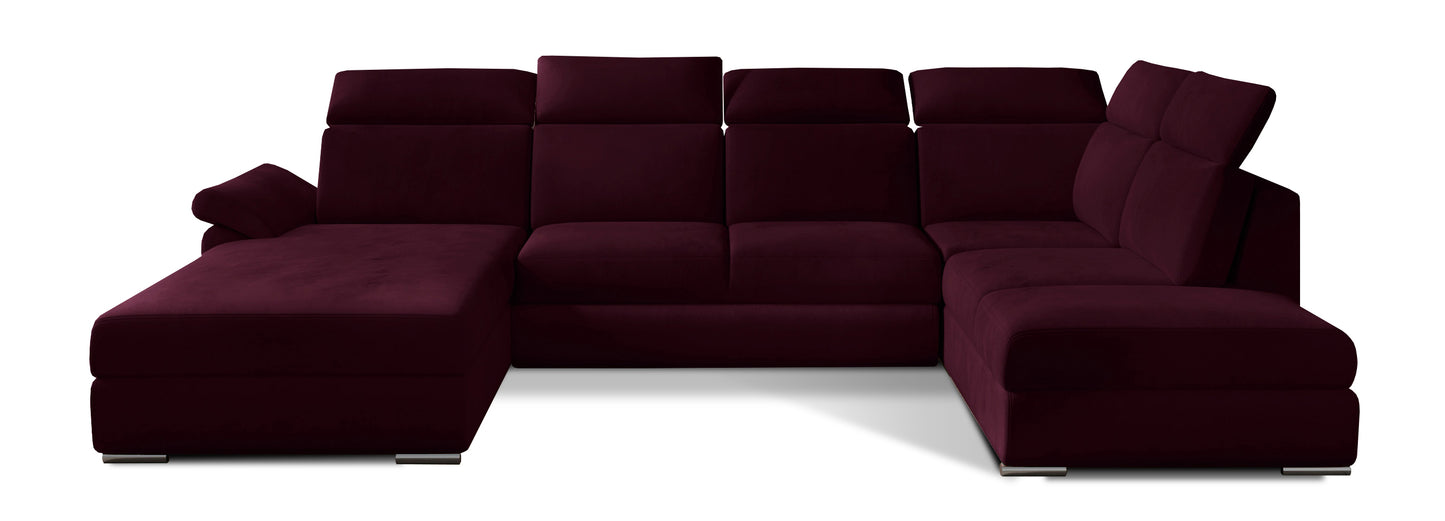 Stylowy narożnik Evanell w bordowym kolorze z tkaniny Matt Velvet 68 zachwyca eleganckim wykończeniem i miękką, przyjemną w dotyku strukturą, idealnie wpisując się w aranżacje salonu w stylu glamour i nowoczesnym