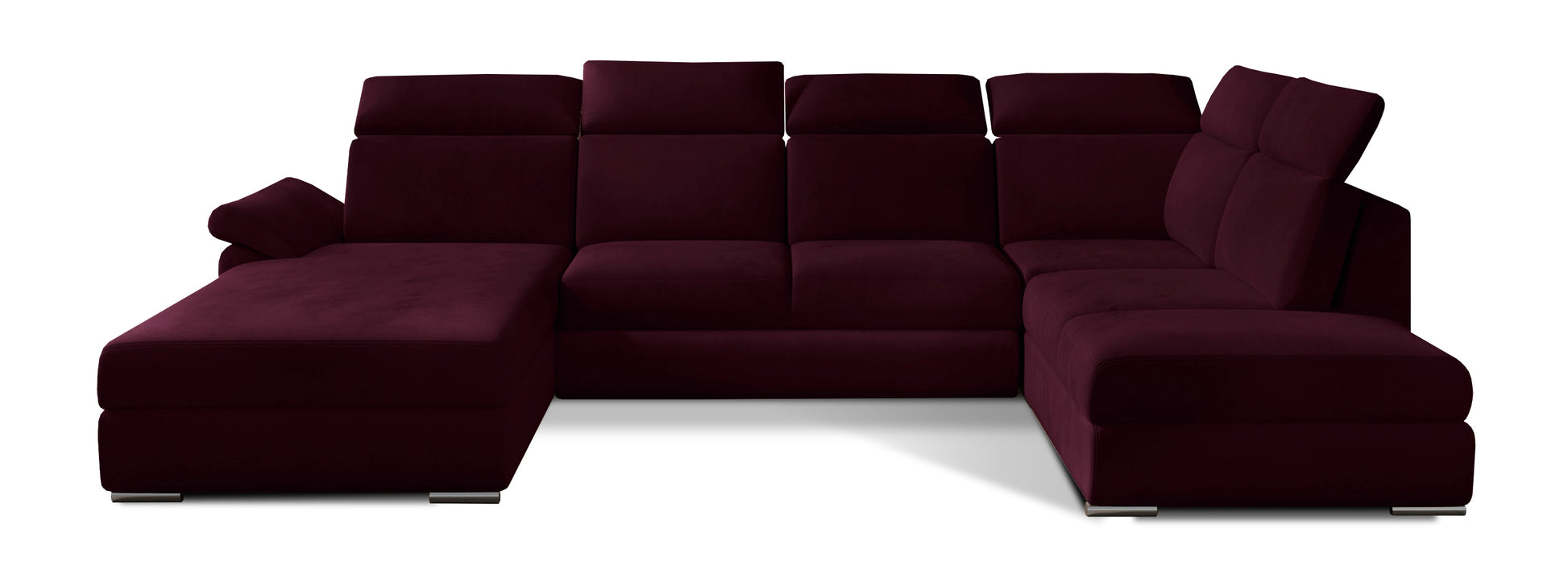 Stylowy narożnik Evanell w bordowym kolorze z tkaniny Matt Velvet 68 zachwyca eleganckim wykończeniem i miękką, przyjemną w dotyku strukturą, idealnie wpisując się w aranżacje salonu w stylu glamour i nowoczesnym