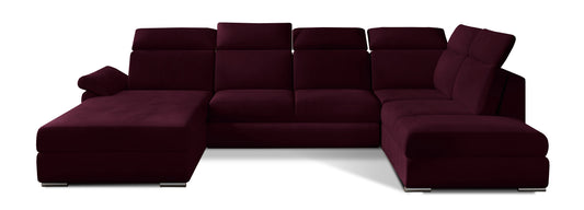 Stylowy narożnik Evanell w bordowym kolorze z tkaniny Matt Velvet 68 zachwyca eleganckim wykończeniem i miękką, przyjemną w dotyku strukturą, idealnie wpisując się w aranżacje salonu w stylu glamour i nowoczesnym