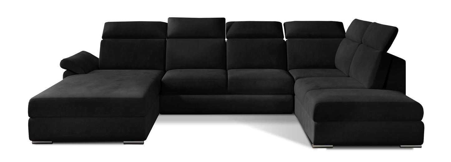 Elegancki narożnik Evanell w głębokim czarnym kolorze wykonany z miękkiej tkaniny Matt Velvet 99 przyciąga uwagę luksusowym wykończeniem, doskonale komponując się z nowoczesnym salonem i zapewniając komfortowy wypoczynek na co dzień