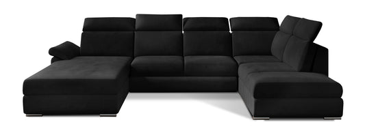 Elegancki narożnik Evanell w głębokim czarnym kolorze wykonany z miękkiej tkaniny Matt Velvet 99 przyciąga uwagę luksusowym wykończeniem, doskonale komponując się z nowoczesnym salonem i zapewniając komfortowy wypoczynek na co dzień