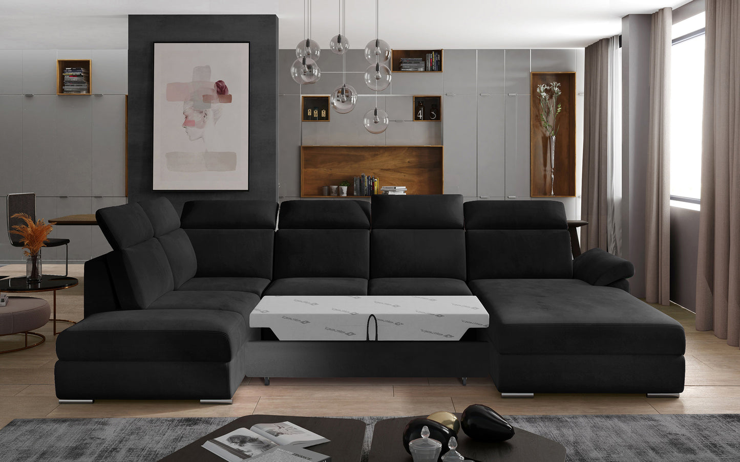 Elegancki narożnik Evanell czarny do salonu w stylu loft i modern, komfortowy model do codziennego użytkowania z wysuniętą funkcją spania