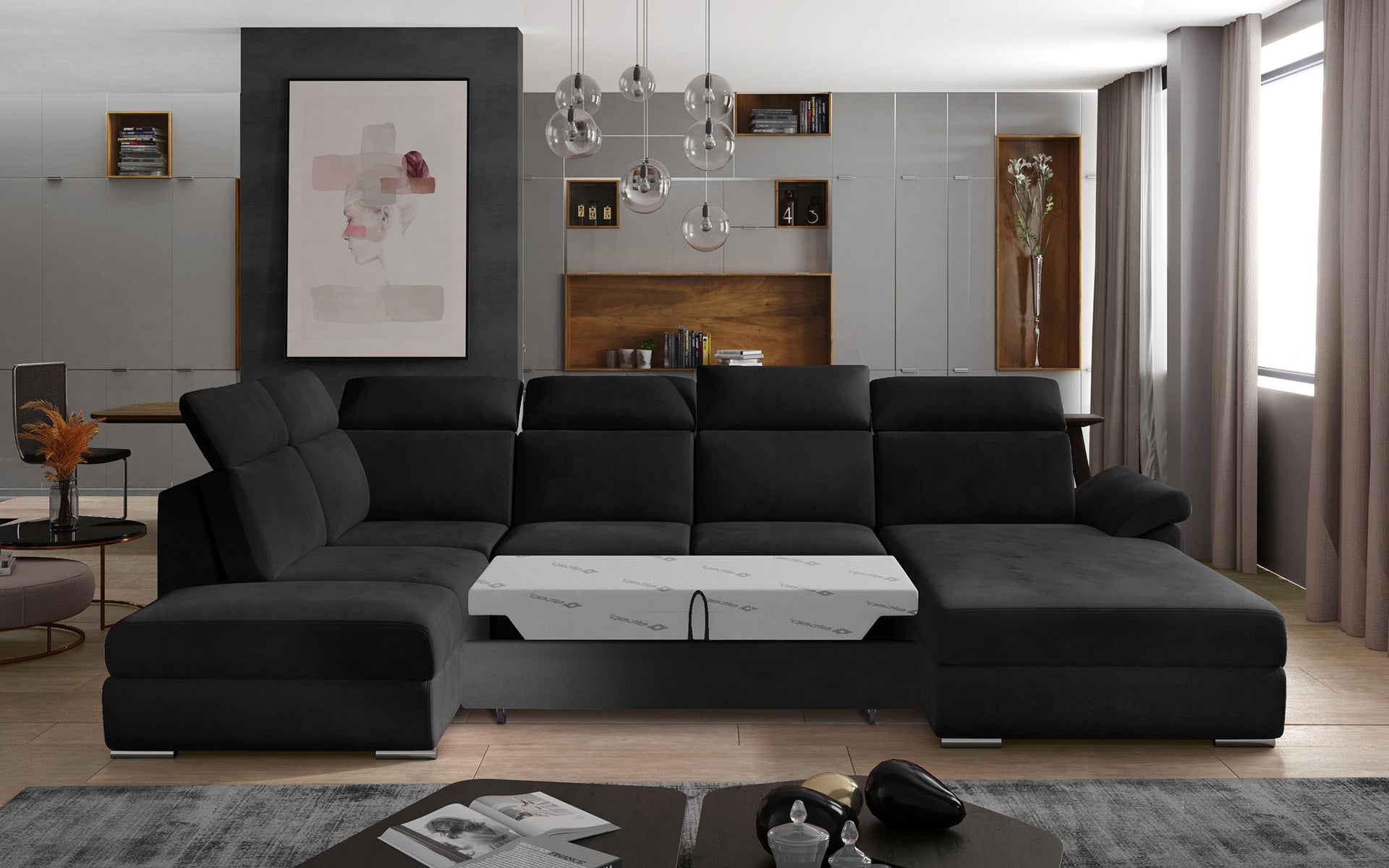 Elegancki narożnik Evanell czarny do salonu w stylu loft i modern, komfortowy model do codziennego użytkowania z wysuniętą funkcją spania