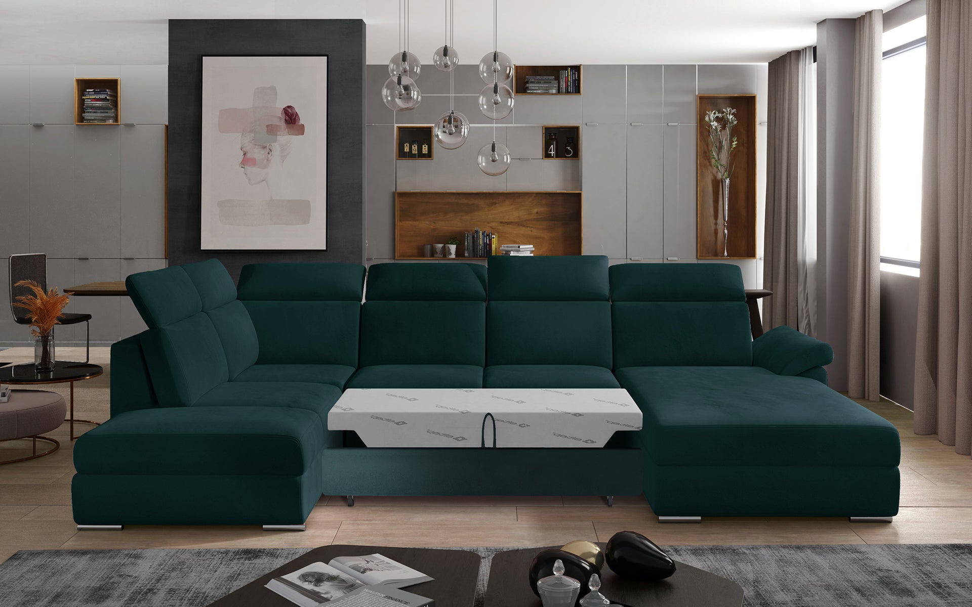 Elegancki narożnik Evanell zielony z wysuniętą funkcją spania do salonu w stylu glamour i nowoczesnym, wygodny i stylowy