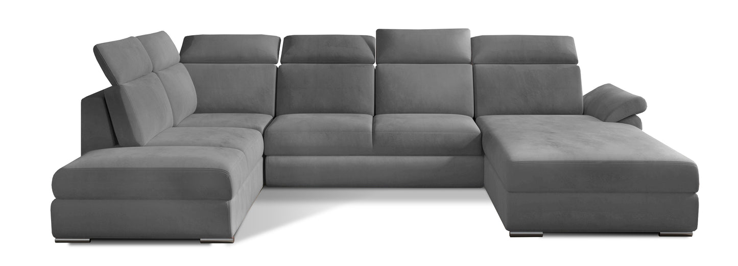 Jasnoszary narożnik Evanell w tkaninie Monolith 84 to nowoczesna sofa narożna do salonu z regulowanymi zagłówkami i dużą powierzchnią do wypoczynku, idealna dla rodzin ceniących komfort i elegancki wygląd wnętrza