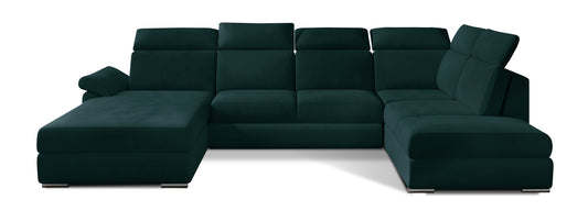 Wyrazisty narożnik Evanell w zielonym kolorze z tkaniny Matt Velvet 75 przyciąga uwagę eleganckim wyglądem i miękką strukturą materiału, tworząc stylowe i komfortowe miejsce do wypoczynku w nowoczesnym salonie