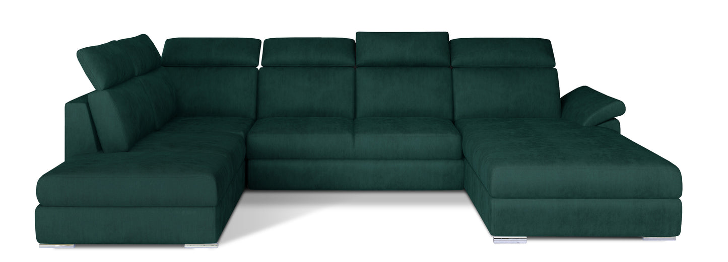 Zielony narożnik Evanell w tkaninie Monolith 37 to nowoczesna sofa narożna do salonu z regulowanymi zagłówkami i dużą powierzchnią wypoczynkową, idealna dla rodzin szukających wygodnego i stylowego mebla do codziennego relaksu