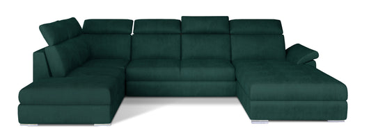 Zielony narożnik Evanell w tkaninie Monolith 37 to nowoczesna sofa narożna do salonu z regulowanymi zagłówkami i dużą powierzchnią wypoczynkową, idealna dla rodzin szukających wygodnego i stylowego mebla do codziennego relaksu