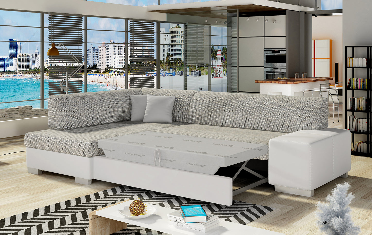 Narożnik Fabio ELTAP rozłożony do spania, układ lewy – prezentacja funkcji spania (Berlin 01 / Soft 17)