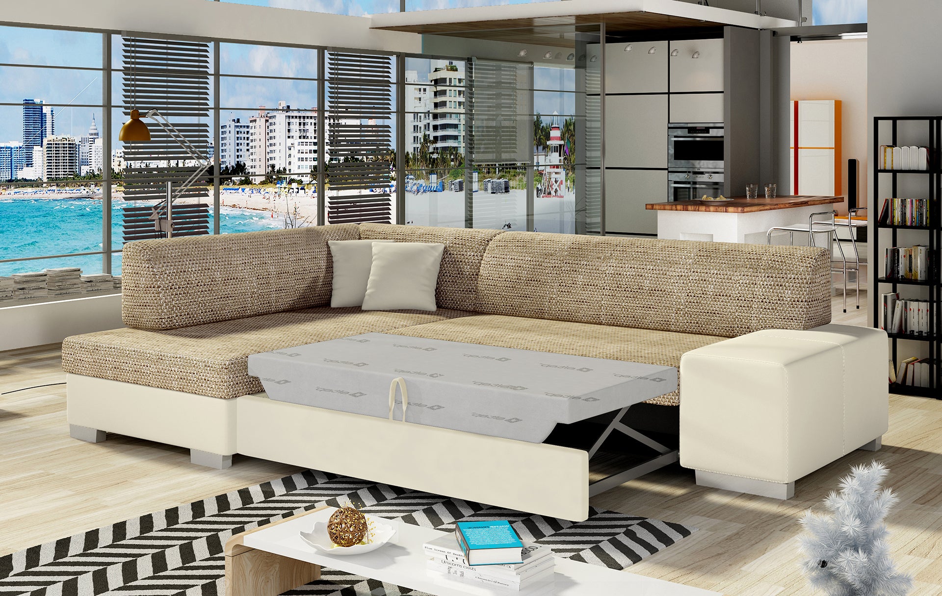 Narożnik Fabio ELTAP rozłożony do spania, układ lewy – prezentacja funkcji spania (Berlin 03 / Soft 33)