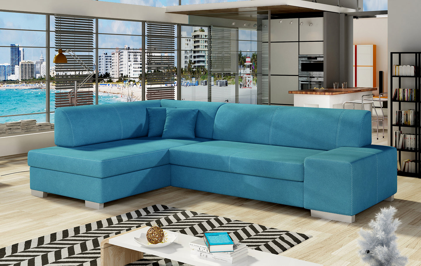 Narożnik Fabio ELTAP w aranżacji salonu, układ lewy, tapicerka Orinoco 85 jasnoniebieski