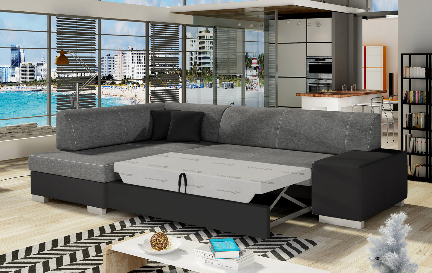 Narożnik Fabio ELTAP rozłożony do spania, układ lewy – prezentacja funkcji spania (Sawana 05 / Soft 11)