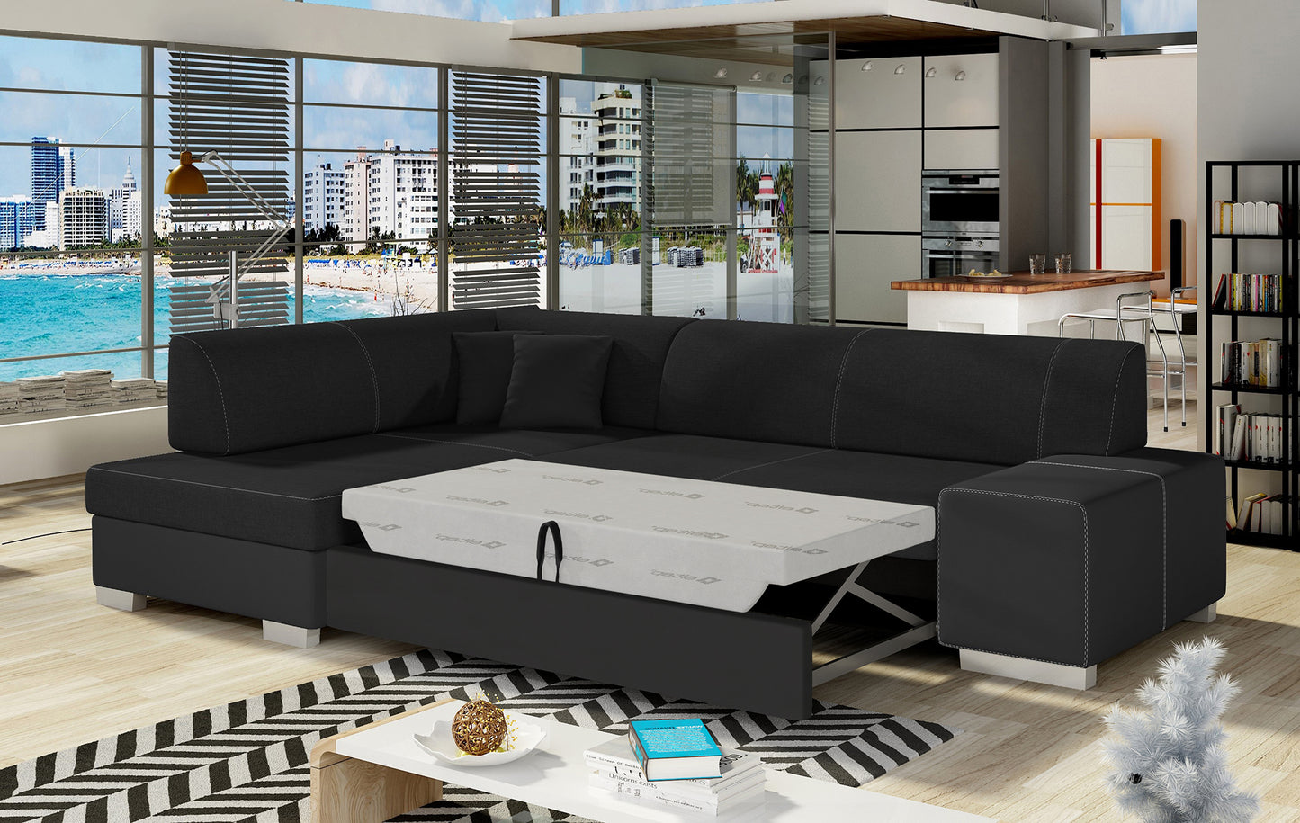 Narożnik Fabio ELTAP rozłożony do spania, układ lewy – prezentacja funkcji spania (Sawana 14 / Soft 11)