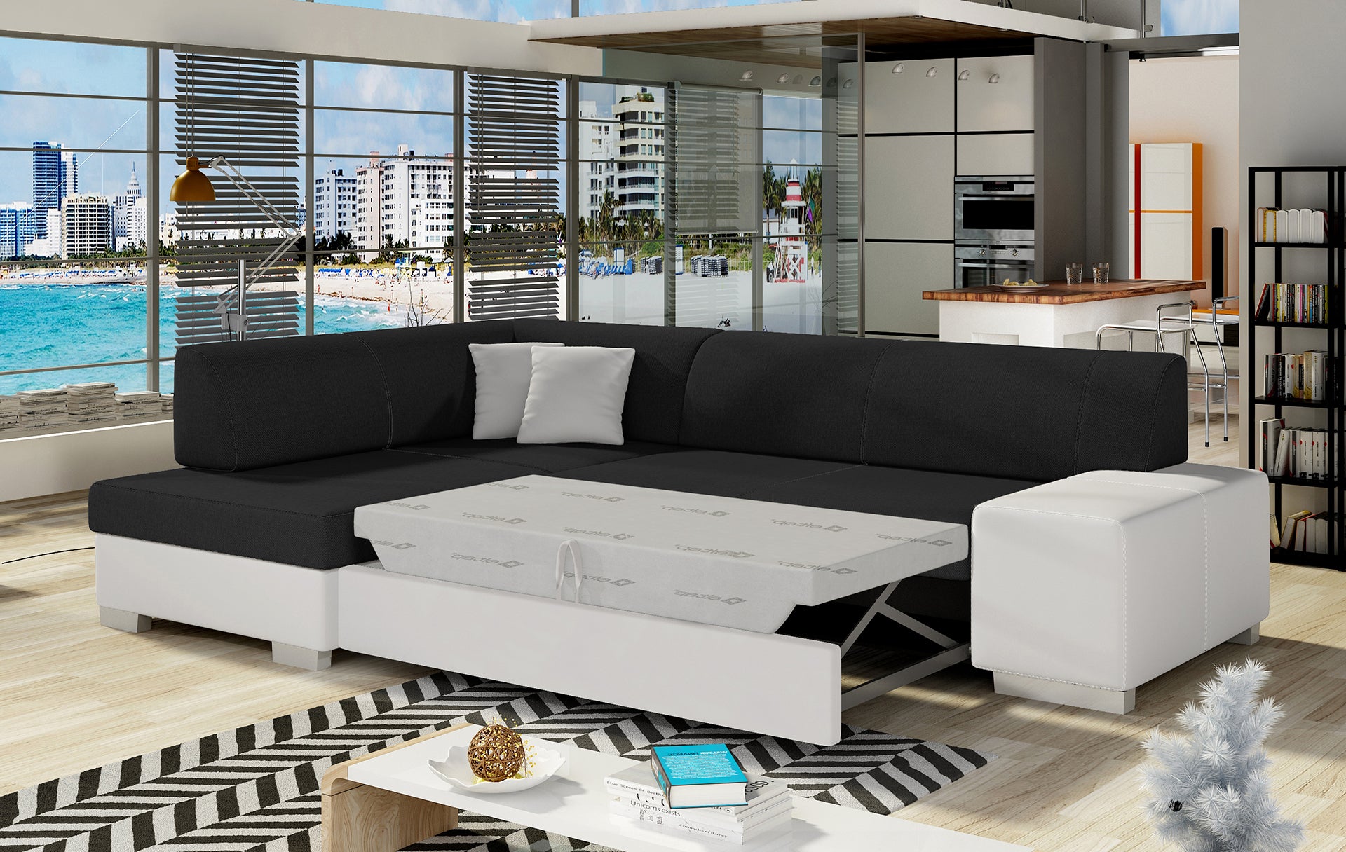 Narożnik Fabio ELTAP rozłożony do spania, układ lewy – prezentacja funkcji spania (Sawana 14 / Soft 17)