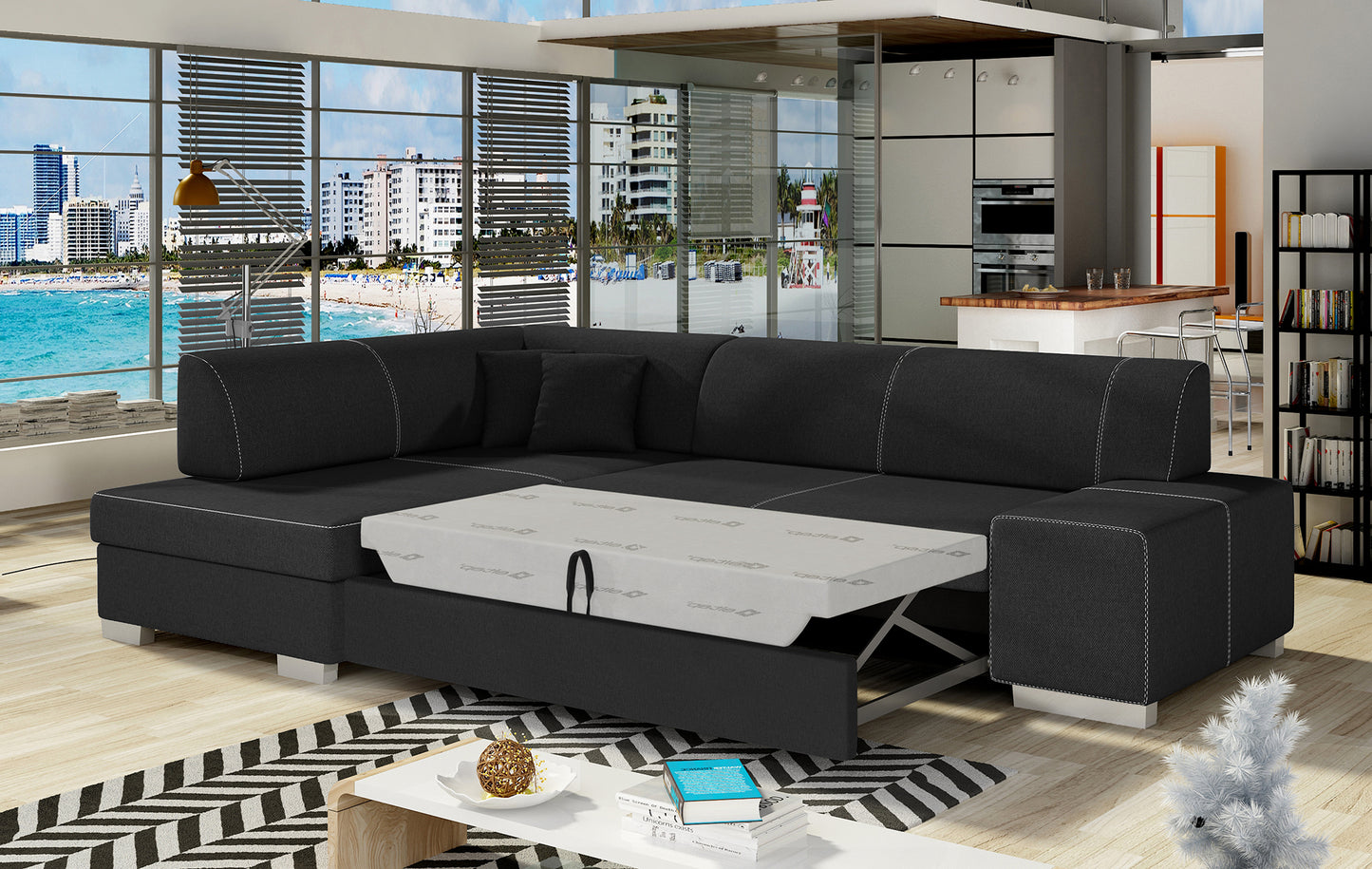 Narożnik Fabio ELTAP rozłożony do spania, układ lewy – prezentacja funkcji spania (Sawana 14 czarny)
