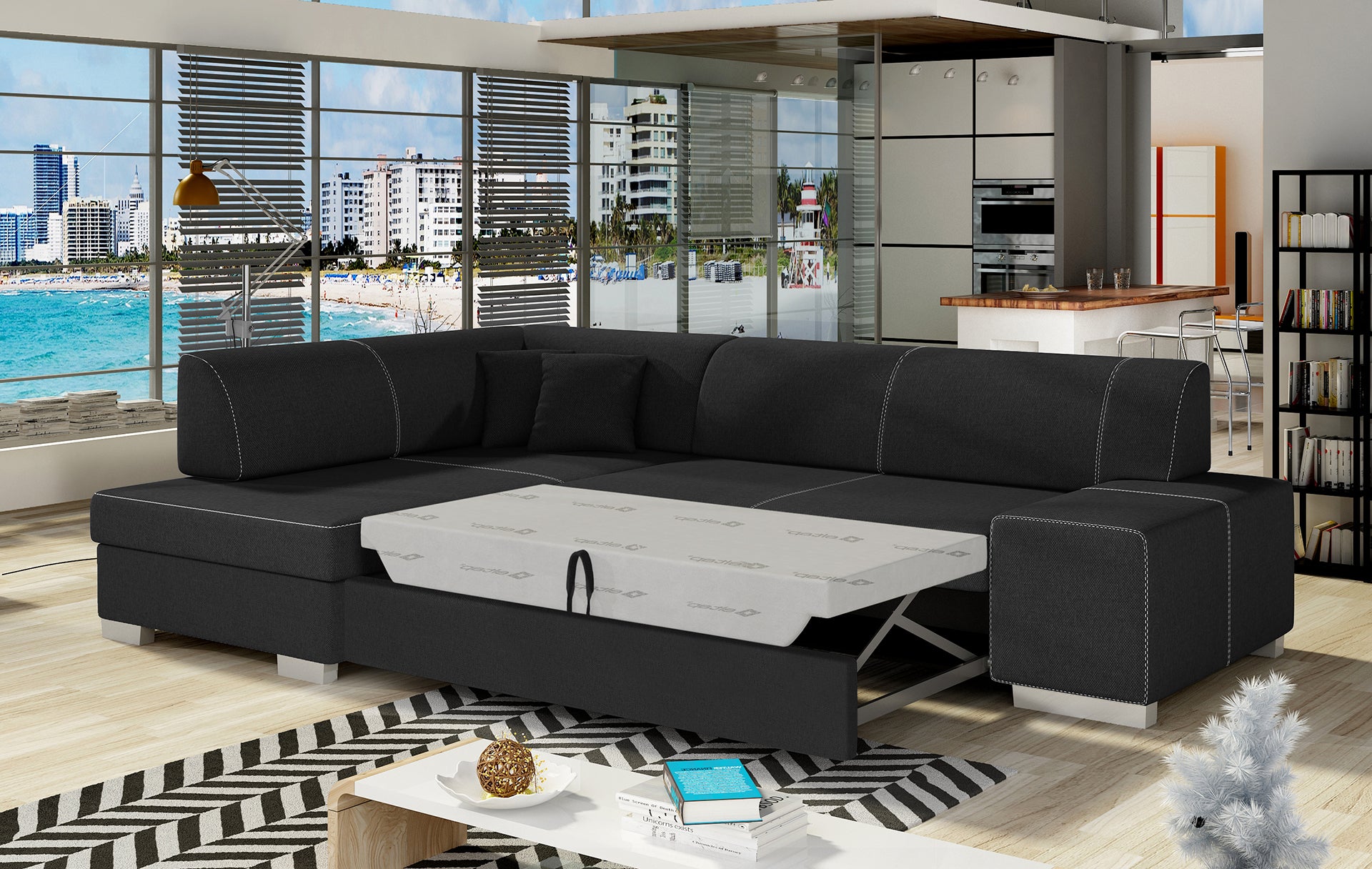 Narożnik Fabio ELTAP rozłożony do spania, układ lewy – prezentacja funkcji spania (Sawana 14 czarny)