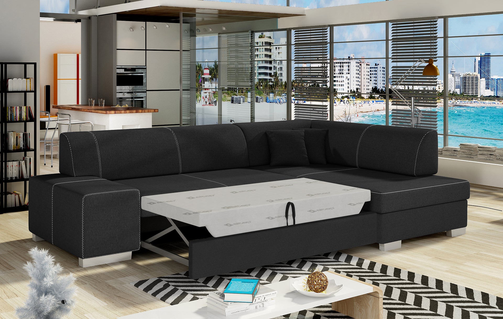 Narożnik Fabio ELTAP rozłożony do spania, układ prawy – prezentacja funkcji spania