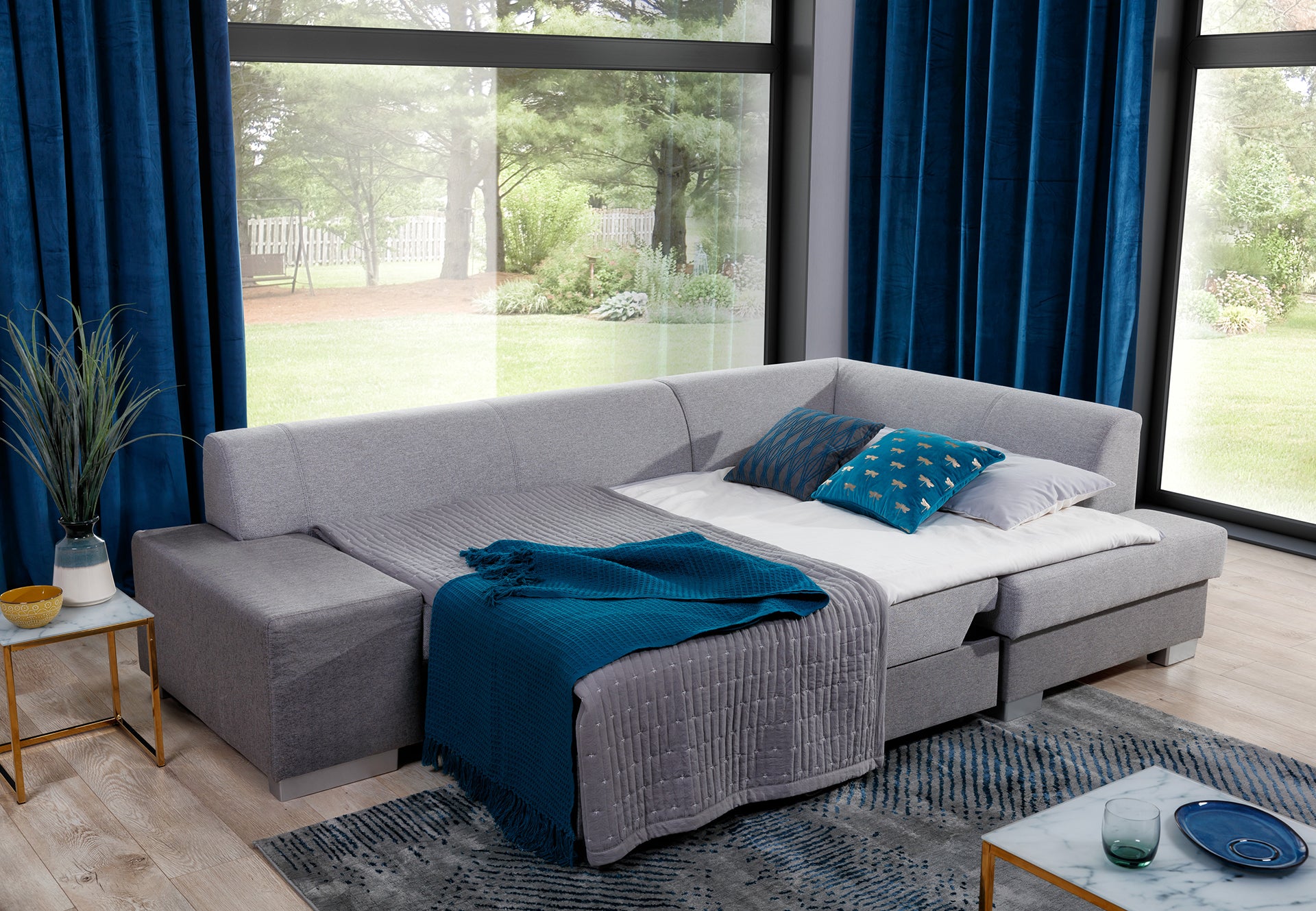 Narożnik Fabio ELTAP rozłożony do spania, układ prawy – prezentacja funkcji spania (Sawana 21 / Sawana 05)