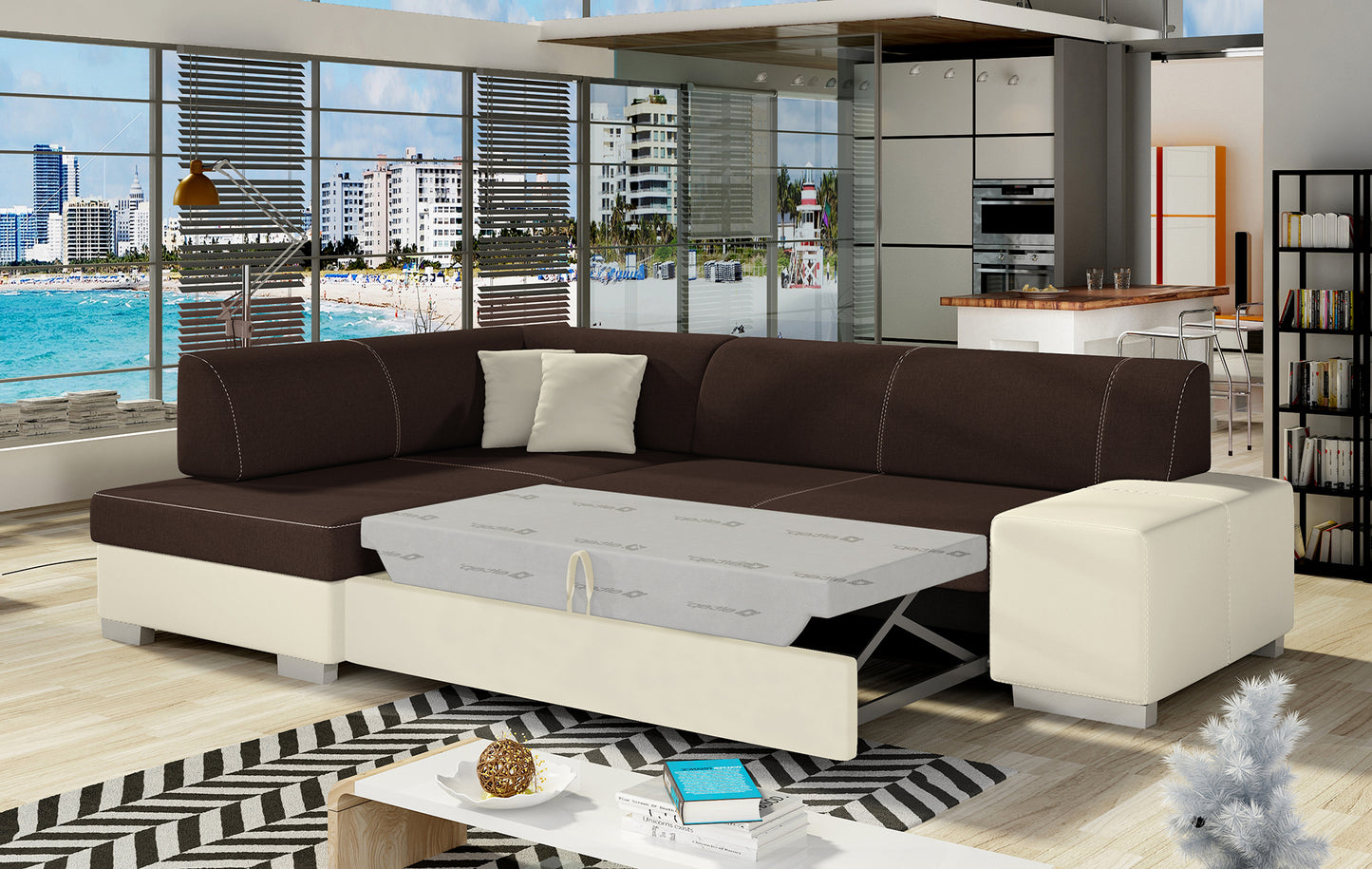 Narożnik Fabio ELTAP rozłożony do spania, układ lewy – prezentacja funkcji spania (Sawana 26 / Soft 33)