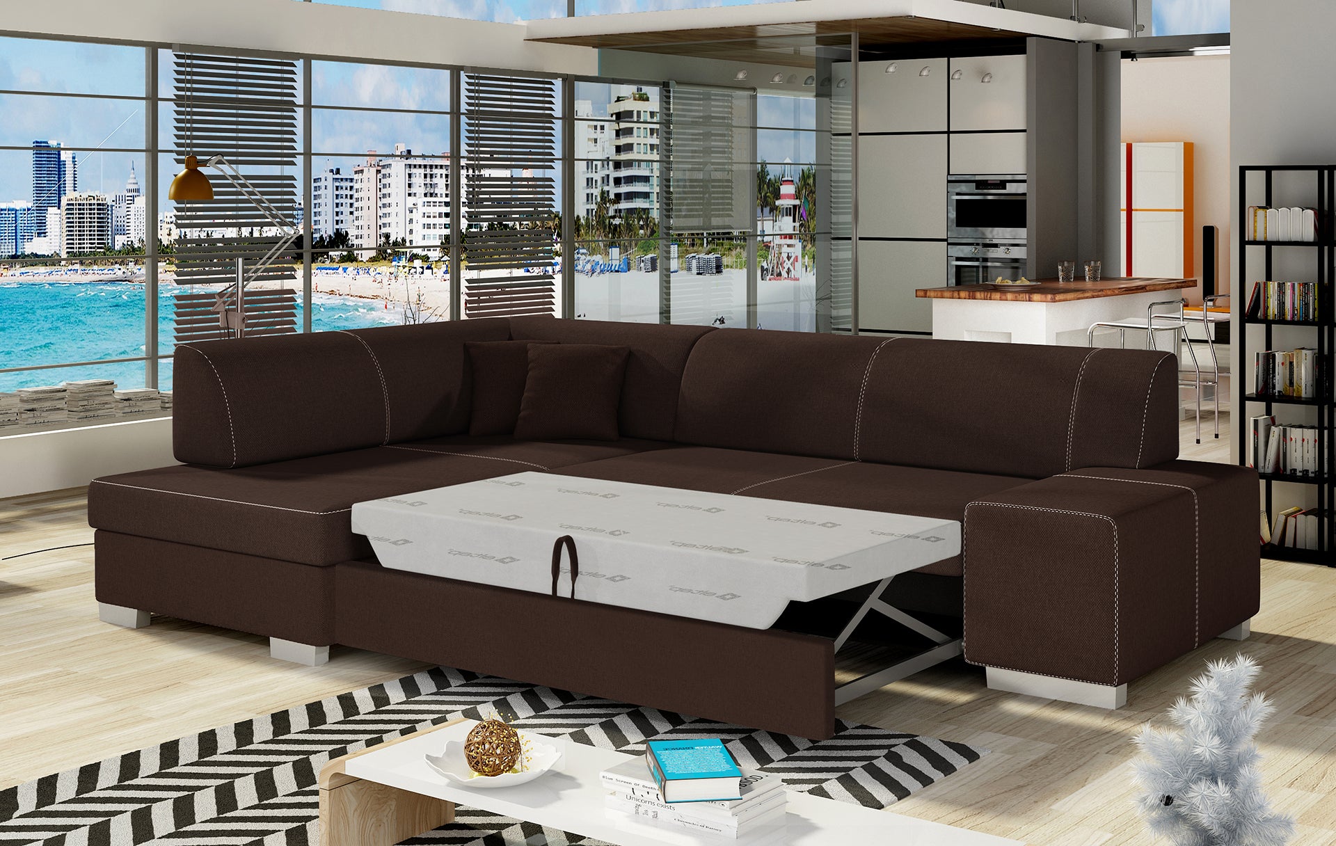 Narożnik Fabio ELTAP rozłożony do spania, układ lewy – prezentacja funkcji spania (Sawana 26 brązowy)