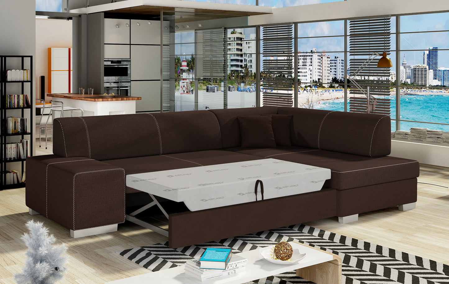 Narożnik Fabio ELTAP rozłożony do spania, układ prawy – prezentacja funkcji spania (Sawana 26 brązowy)