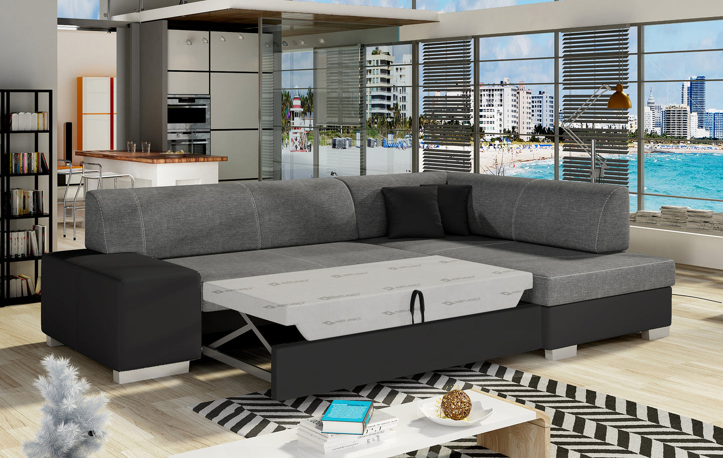 Narożnik Fabio ELTAP, obicie Sawana 05 i Soft 11, układ prawy – zbliżenie na wykończenie, z funkcją spania