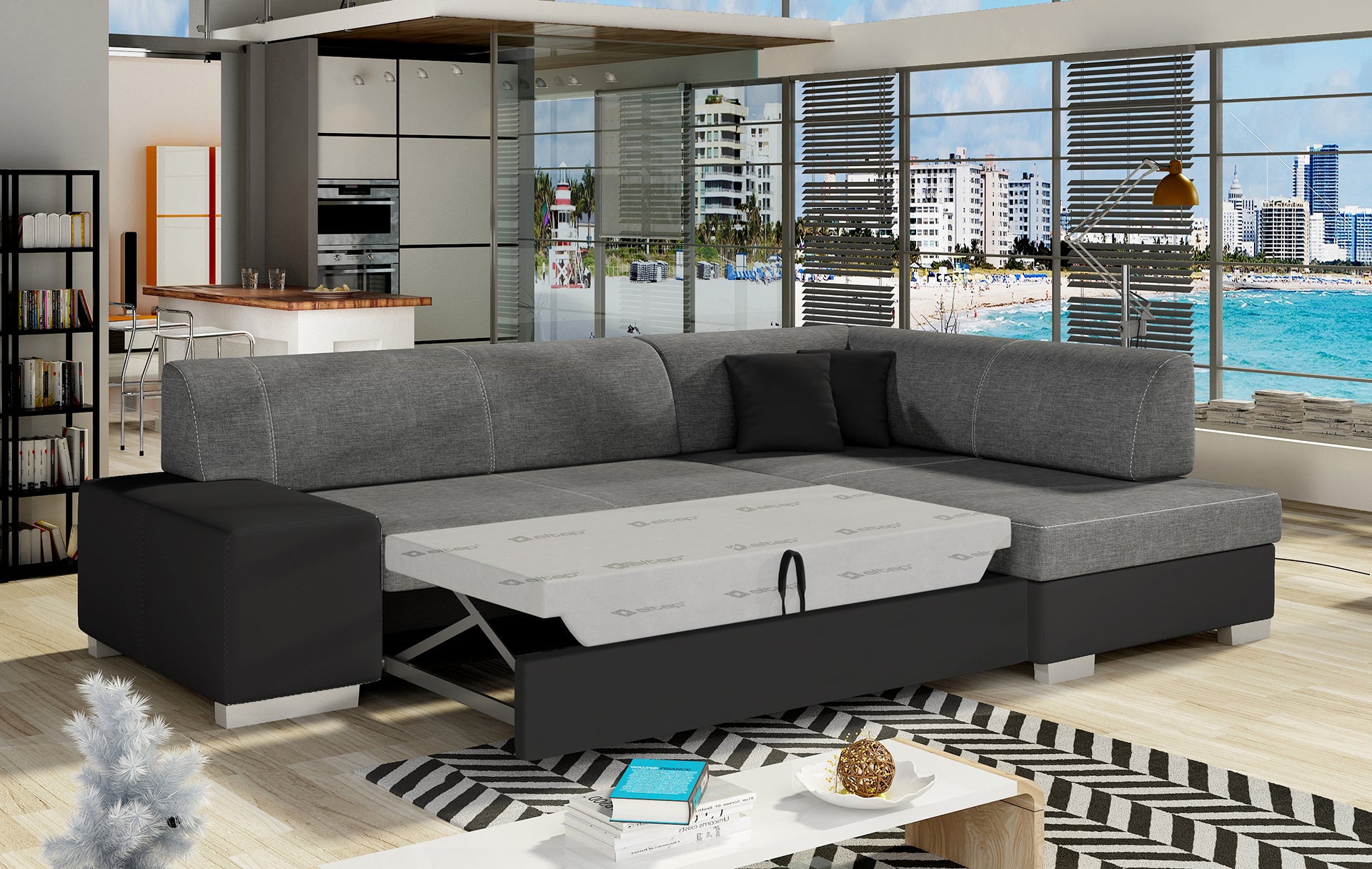 Narożnik Fabio ELTAP, obicie Sawana 05 i Soft 11, układ prawy – zbliżenie na wykończenie, z funkcją spania