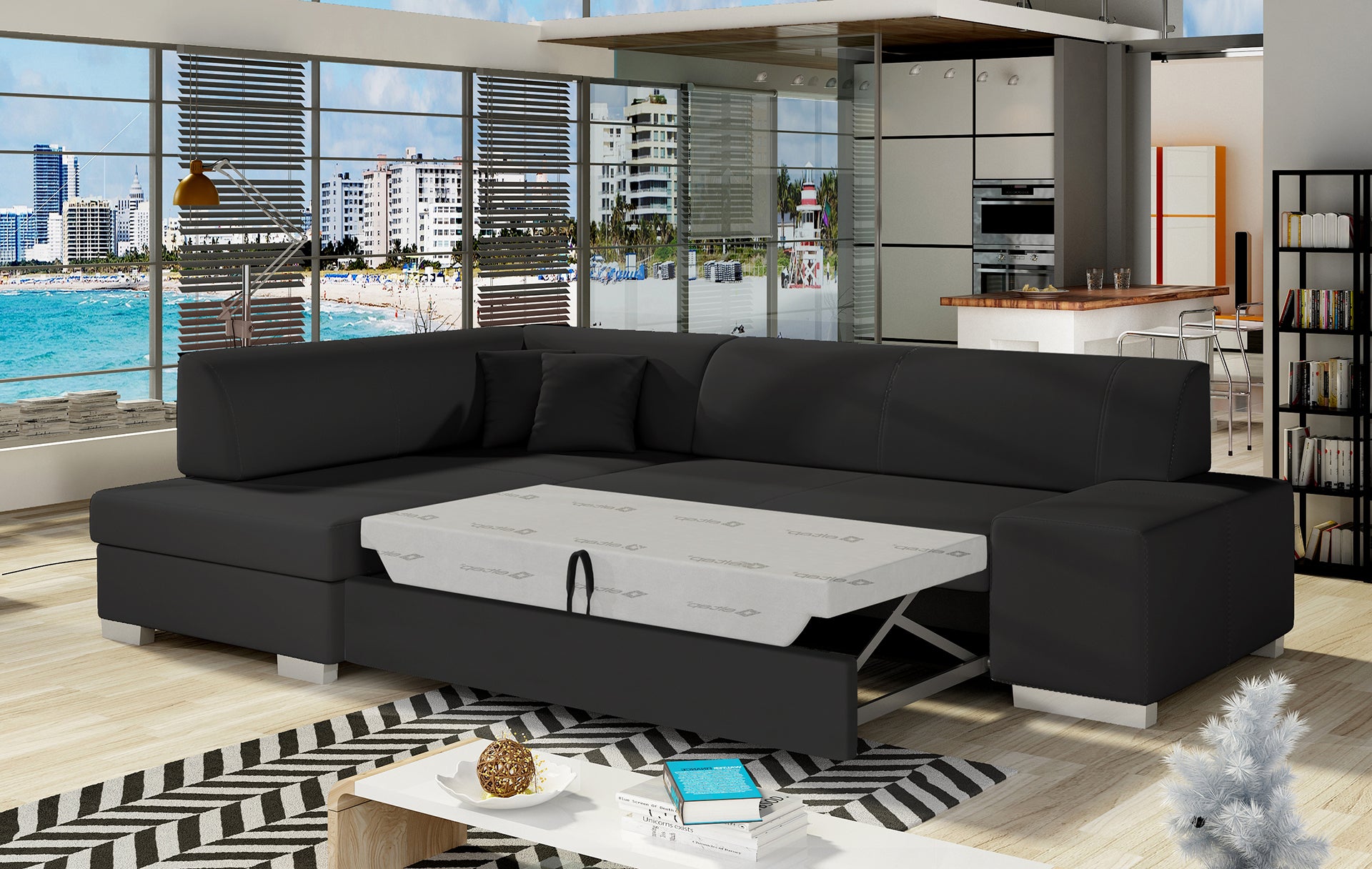 Narożnik Fabio ELTAP rozłożony do spania, układ lewy – prezentacja funkcji spania (Soft 11 czarny)