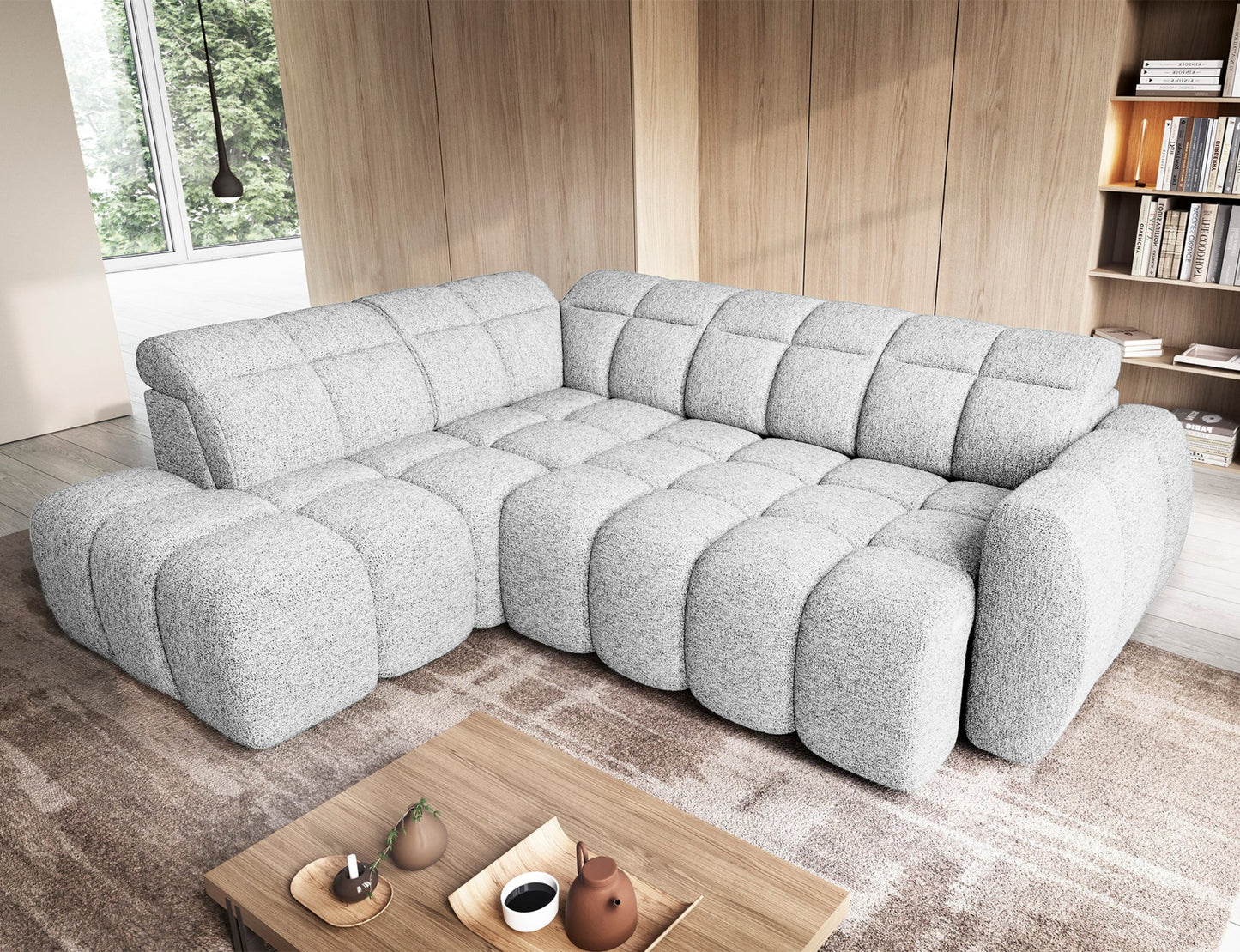 Narożnik Falconn lewostronny Coralline 01 w funkcji spania, ustawiony w salonie z drewnianą zabudową i niskim stolikiem kawowym.