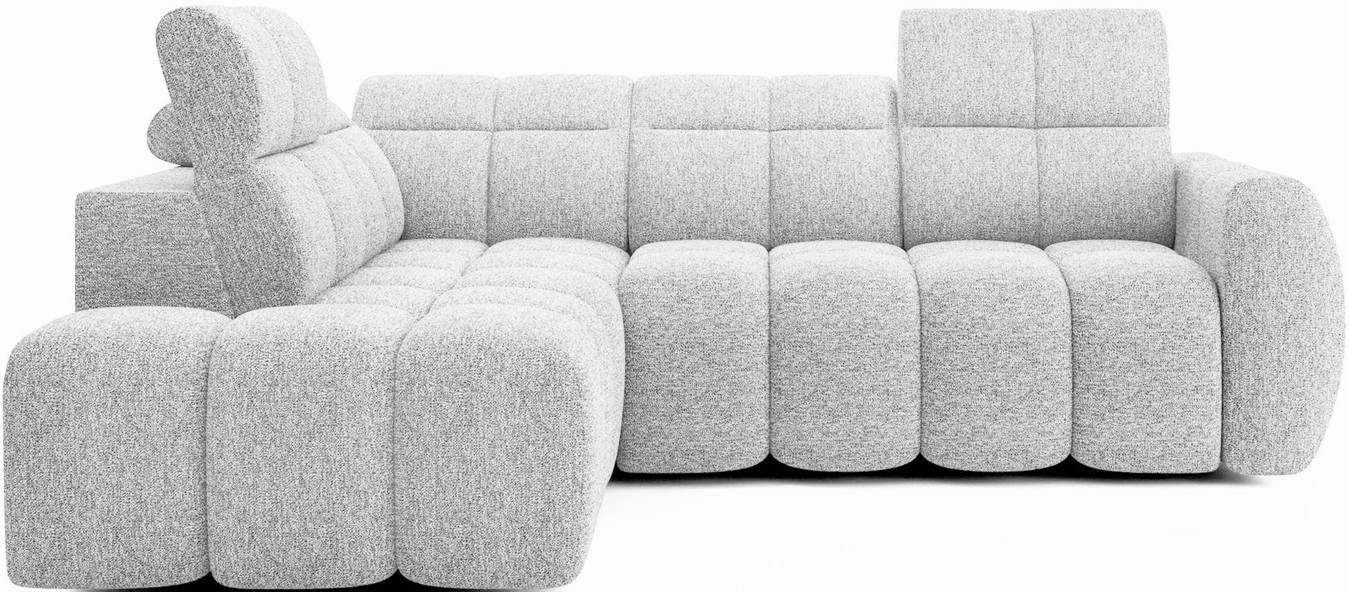 Narożnik Falconn lewostronny w tkaninie Coralline 01, widok frontalny, masywna forma z dekoracyjnym pikowaniem i ruchomymi zagłówkami.