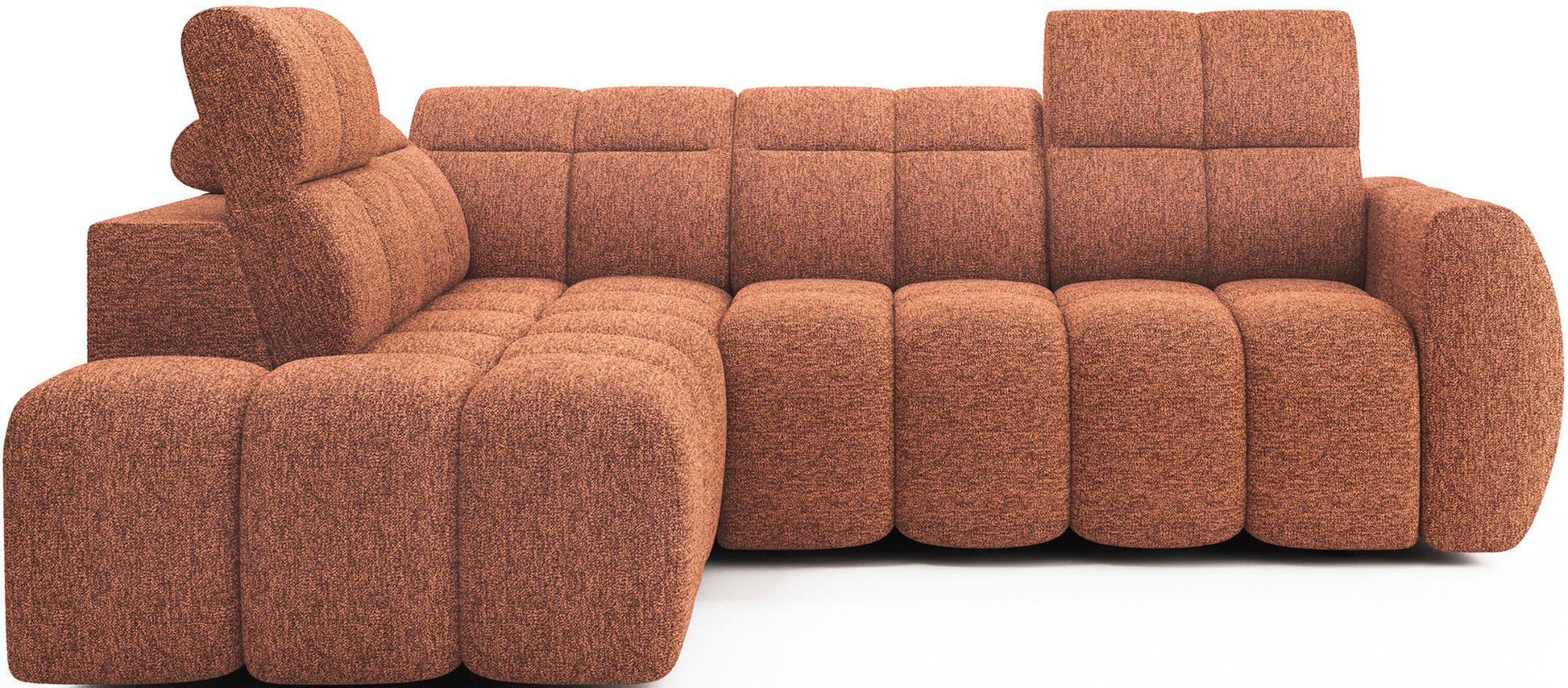 Narożnik Falconn z zaokrąglonymi kształtami i podnoszonym zagłówkiem, widok na całość od frontu na białym tle.