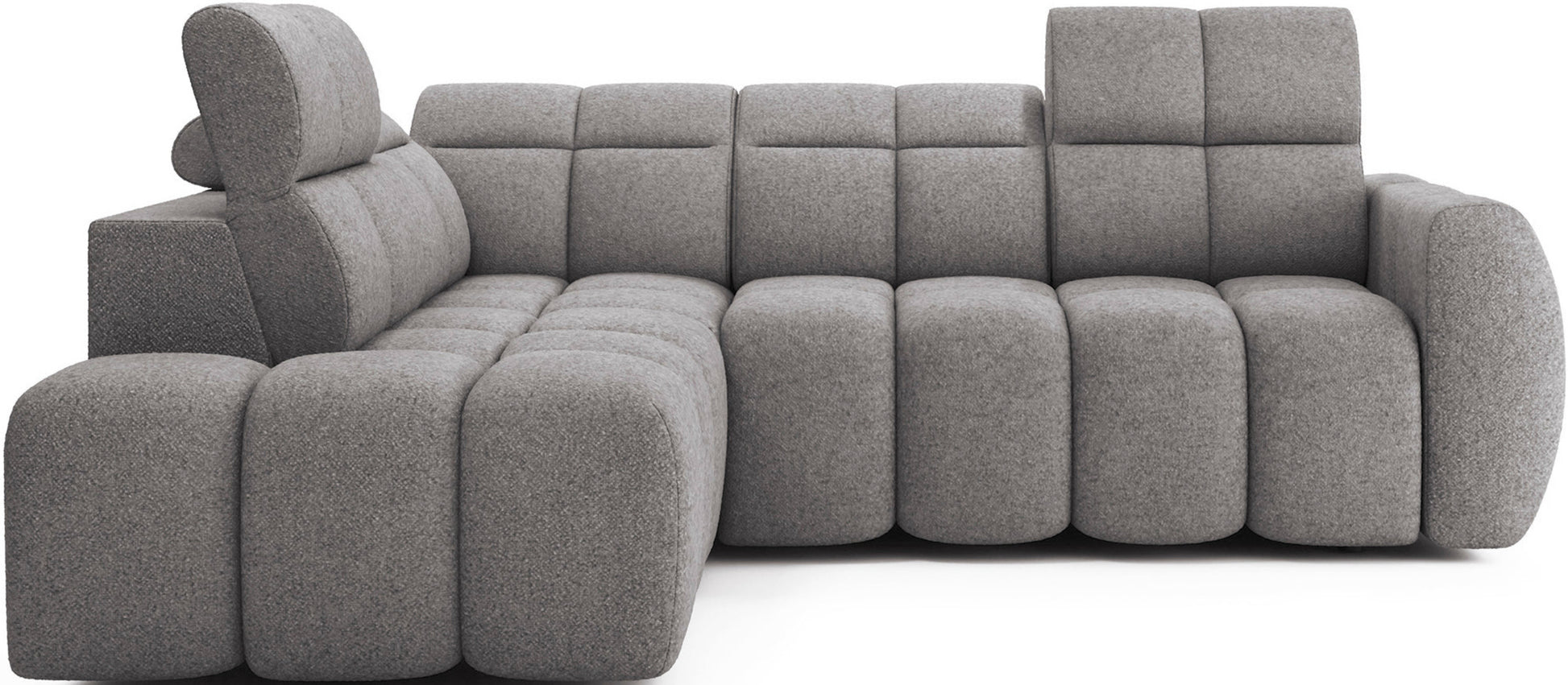 Narożnik Falconn w tkaninie Paolli 04, jasnoszary, ujęcie od frontu, z wygodnym siedziskiem i podnoszonymi zagłówkami.