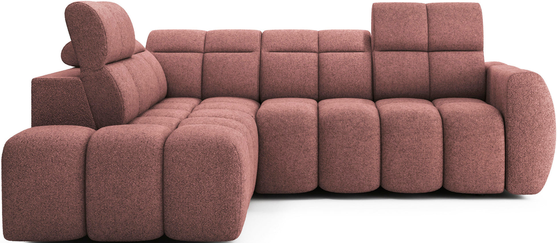 Narożnik Falconn Paolli 24 w różowym kolorze, frontowy widok na modułową bryłę z wysokimi, regulowanymi oparciami i miękkimi siedziskami.