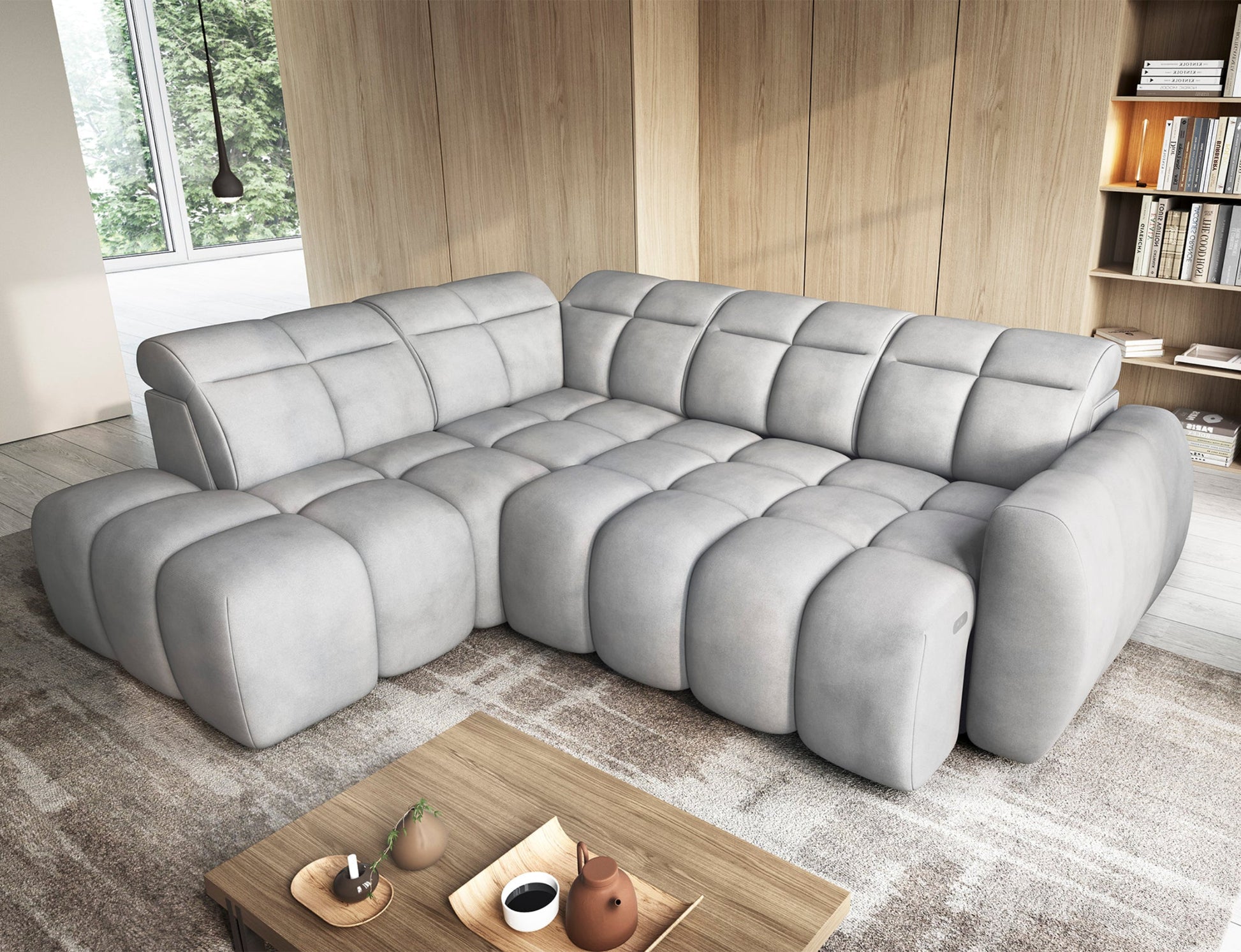 Falconn Sola 04 w jasnoszarym kolorze, funkcja spania, rozłożone siedzisko, komfortowe wykończenie, nowoczesny i praktyczny design.