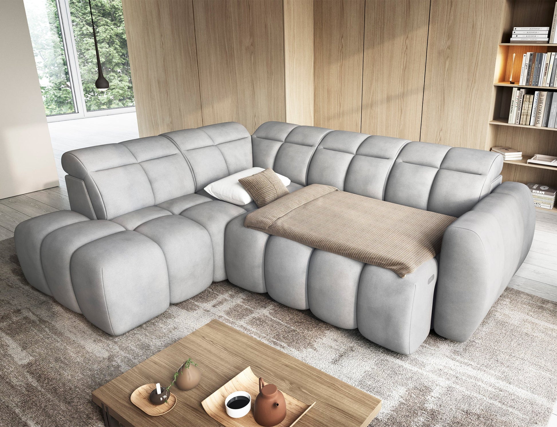 Falconn Sola 04 jasnoszary, narożnik rozłożony do spania, miękka tapicerka, komfortowe siedzisko, funkcjonalność i nowoczesny design.