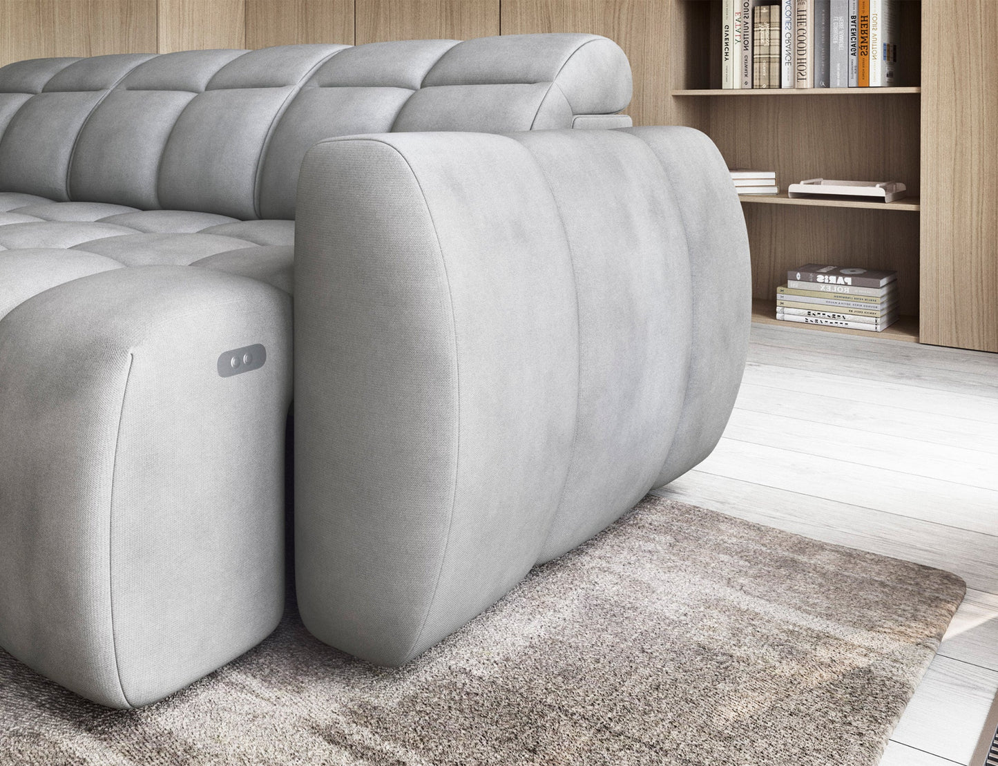 Falconn Sola 04 jasnoszary, zbliżenie na boczek, nowoczesna linia, miękka tapicerka, wbudowany panel sterowania, zaokrąglone kształty.