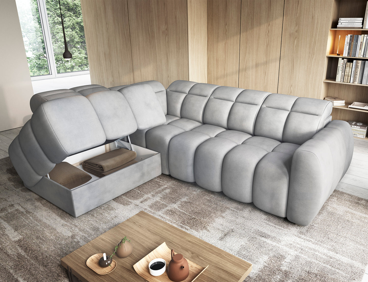 Narożnik Falconn Sola 04 jasnoszary z otwartym pojemnikiem na pościel, praktyczne rozwiązanie, tapicerowane miękkim materiałem.