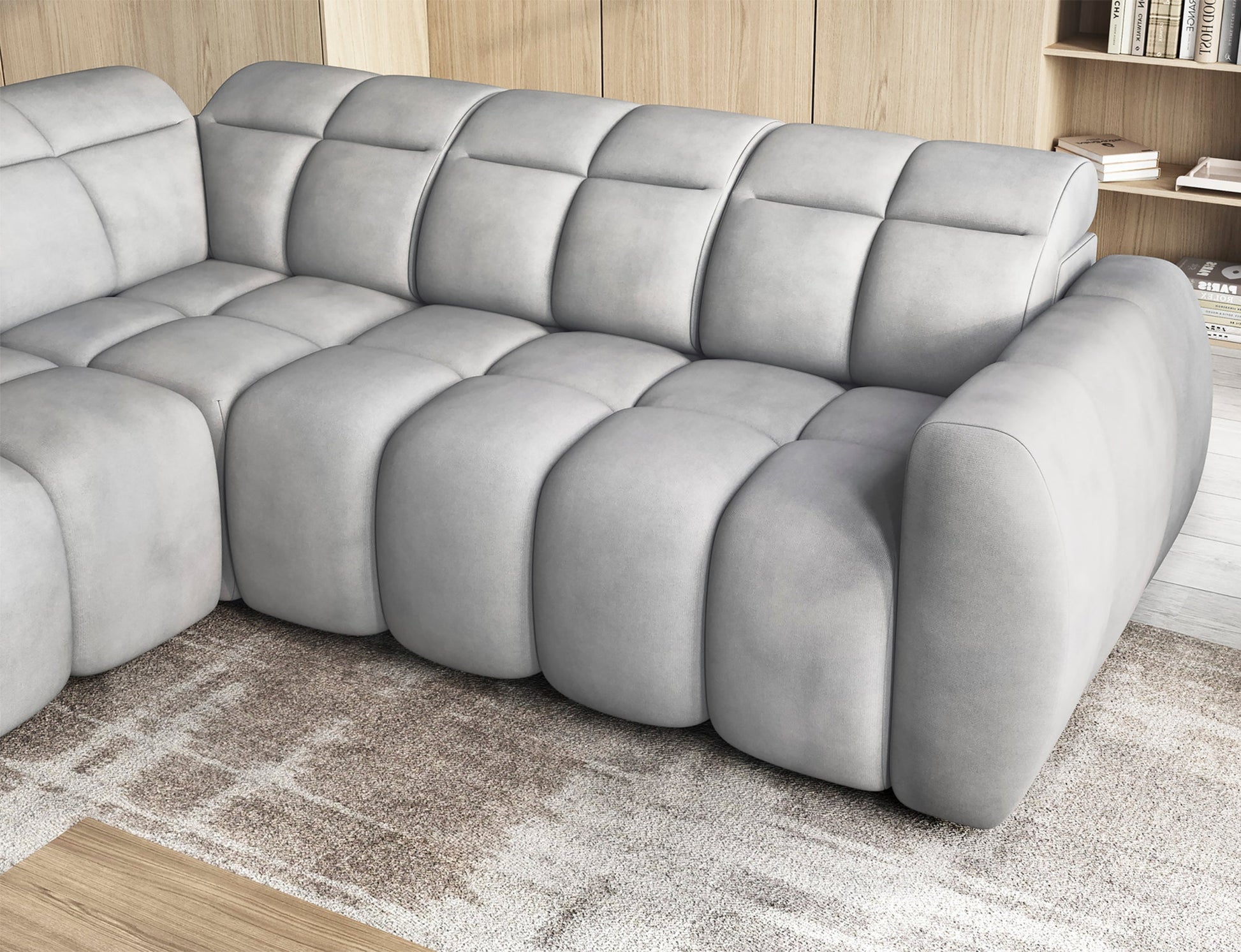 Falconn Sola 04 jasnoszary, zbliżenie na siedzisko, nowoczesna forma, miękka tapicerka, regularne przeszycia, komfortowy układ.