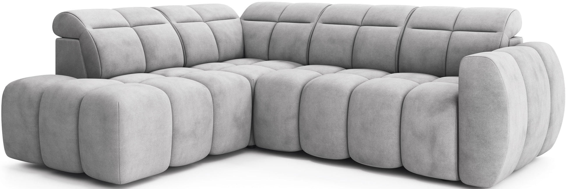 Narożnik Falconn Sola 04 w jasnoszarym kolorze, widok pod skosem, zaokrąglona forma, miękka tapicerka i dekoracyjne przeszycia.