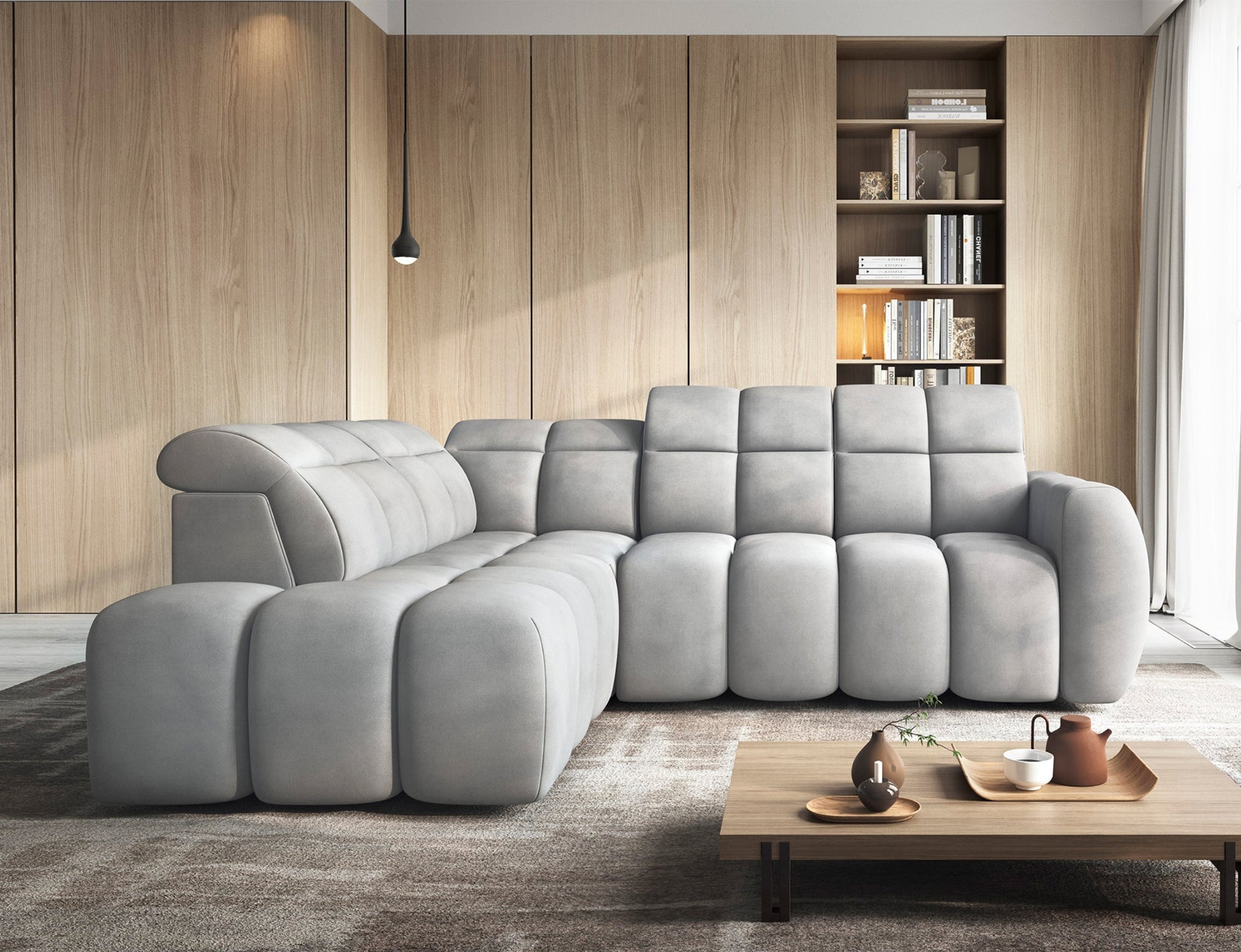 Narożnik Falconn Sola 04 jasnoszary, modułowy, zaokrąglone kształty, przytulne siedziska, tapicerka o miękkiej fakturze.