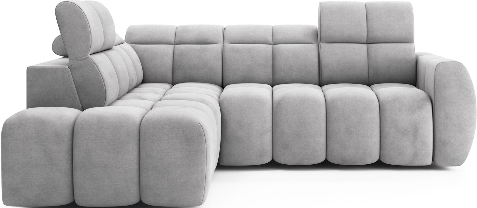 Nowoczesny narożnik Falconn Sola 04 w jasnoszarym odcieniu, z miękkimi siedziskami i wyrazistym pikowaniem, zaokrąglona forma.