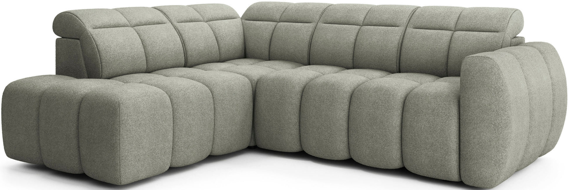 Narożnik Falconn Xillar 100 w kolorze jasnozielonym, widok z ukosa, miękkie modułowe siedziska i oparcia z wyrazistymi przeszyciami oraz zaokrąglonymi kształtami.